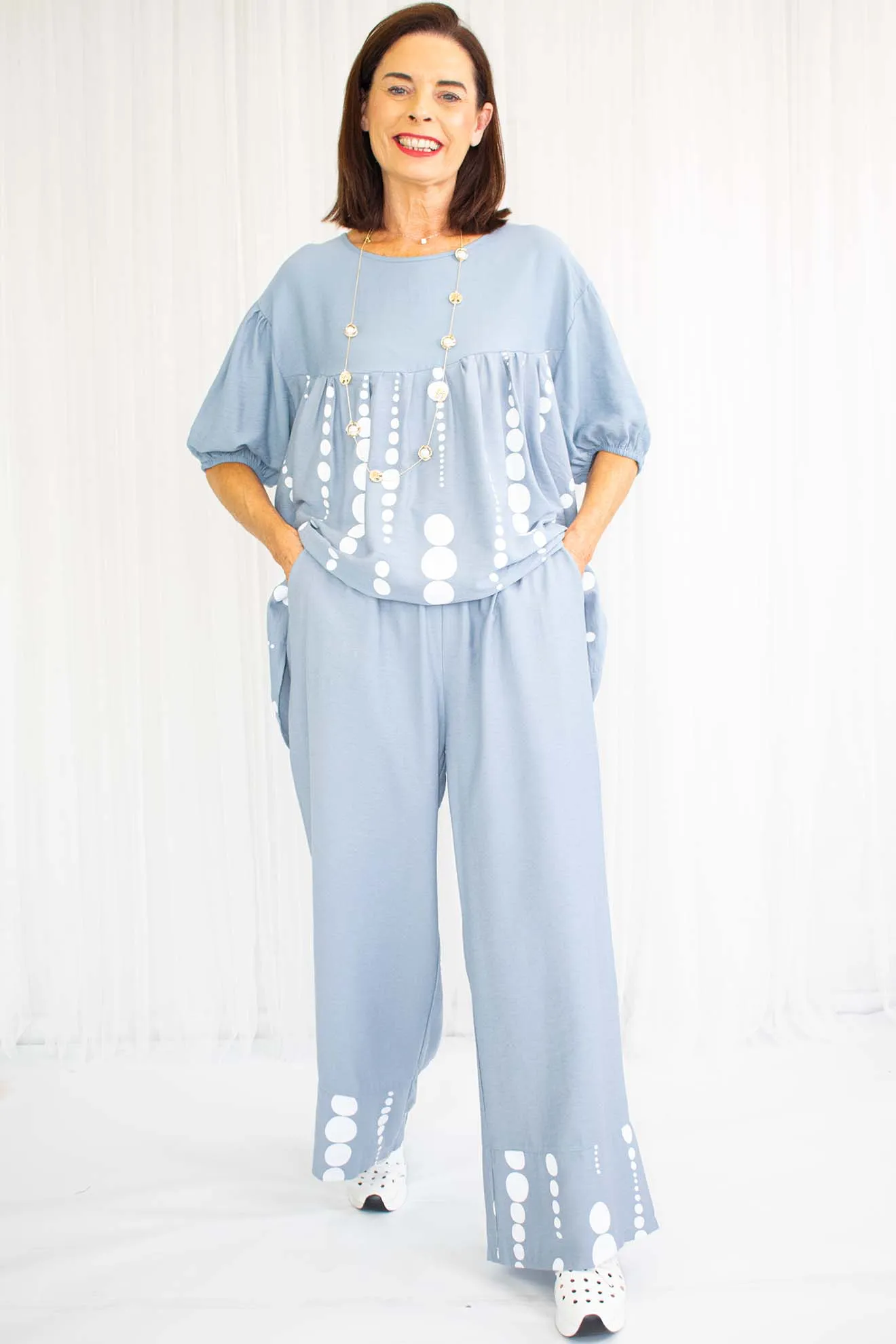 Polly Palazzo Trouser in Powder Blue Circle Print