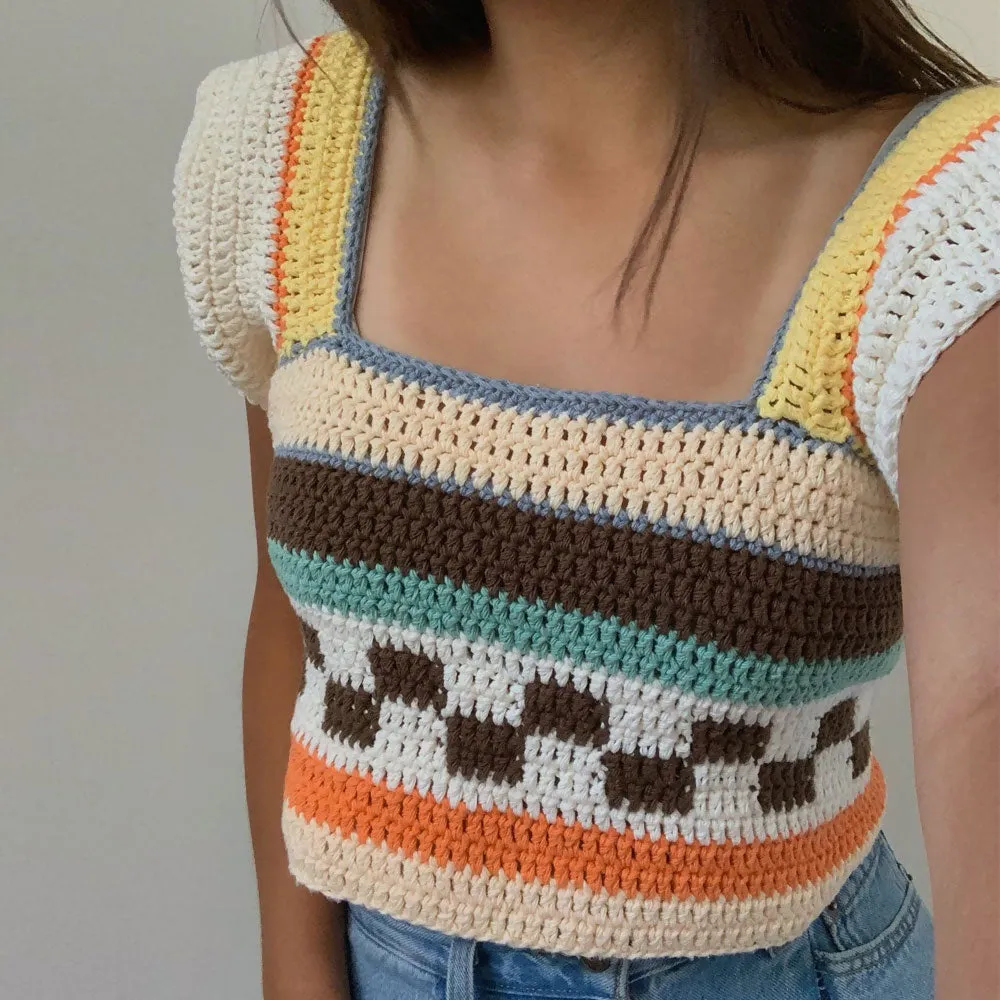 Rainbow Striped Square Neck Cap Sleeve Crochet Open Knit Cropped Top