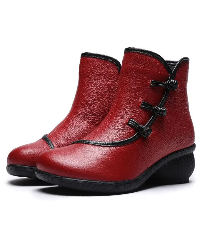 Red Ankle Boots Chunky Cowhide Leather Boutique Splicing Warm Fleece