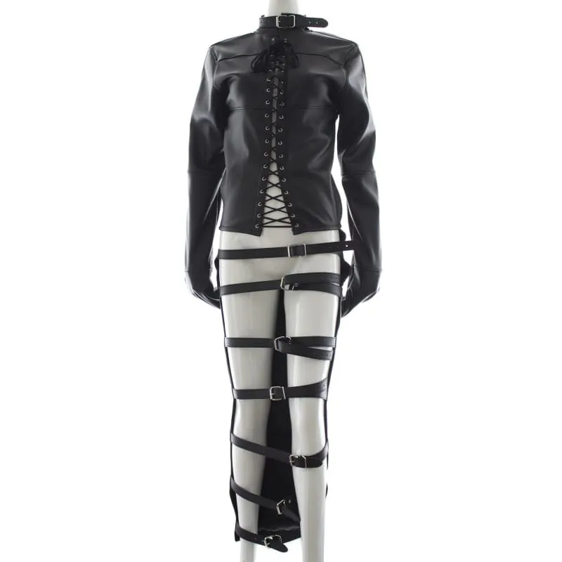 Womens Bondage Black Leather Jacket and Strappy Pants Outfit